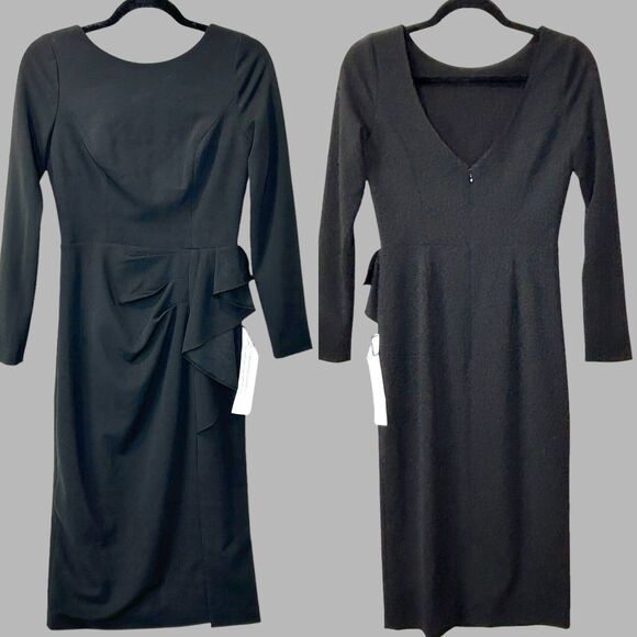 Dress the Population Dresses & Skirts - Dress The Population Ruffled 3/4 Sleeves Midi Cocktail Dress Black Women S NWOT